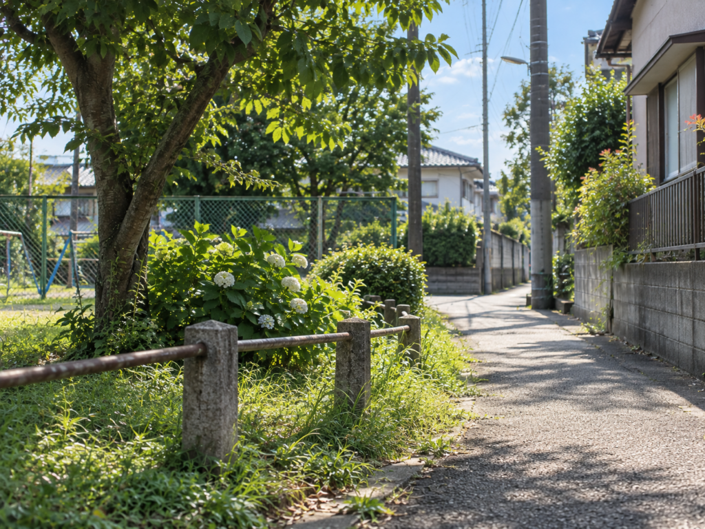 自然の中から見る昼の住宅街の風景