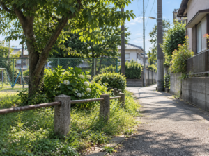 自然の中から見る昼の住宅街の風景