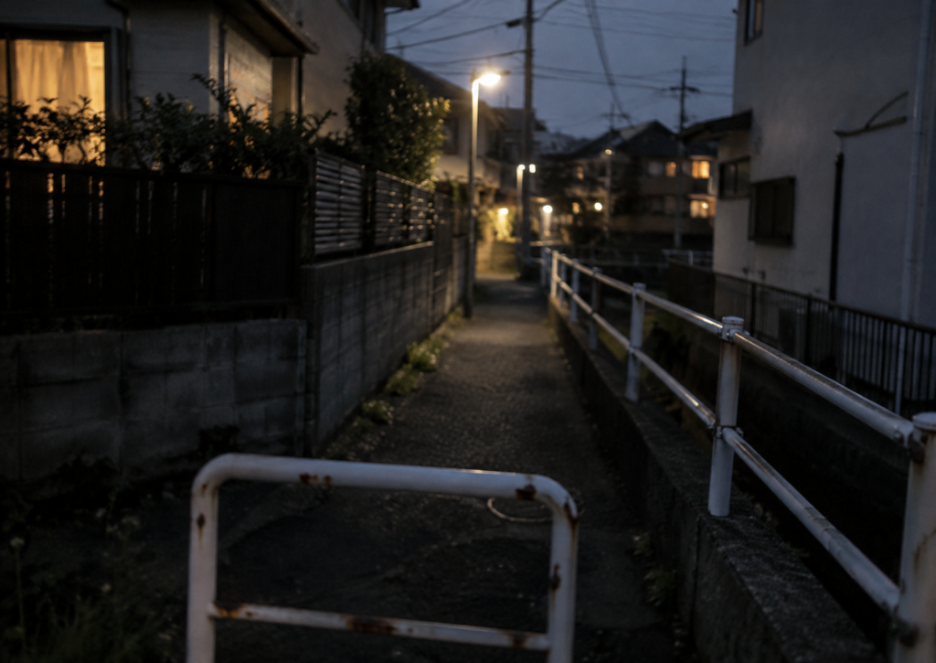 夕暮れの静かな路地と街灯